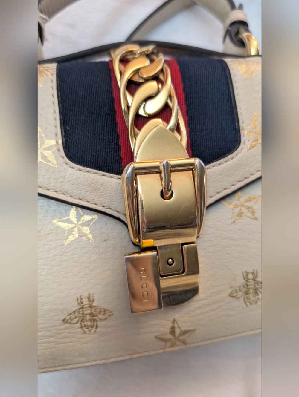 GUCCI Sylvie Sherry Line Bee Star 2Way Leather Handbag Shoulder Bag off White  - Picture 2 of 15